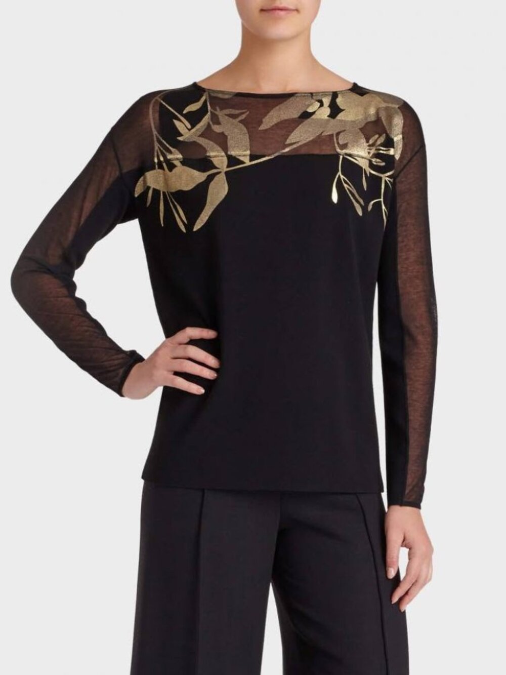 Lafayette 148 Semi sheer Bateau-Neck Jacquard Lace Sweater Black/Gold size P/S